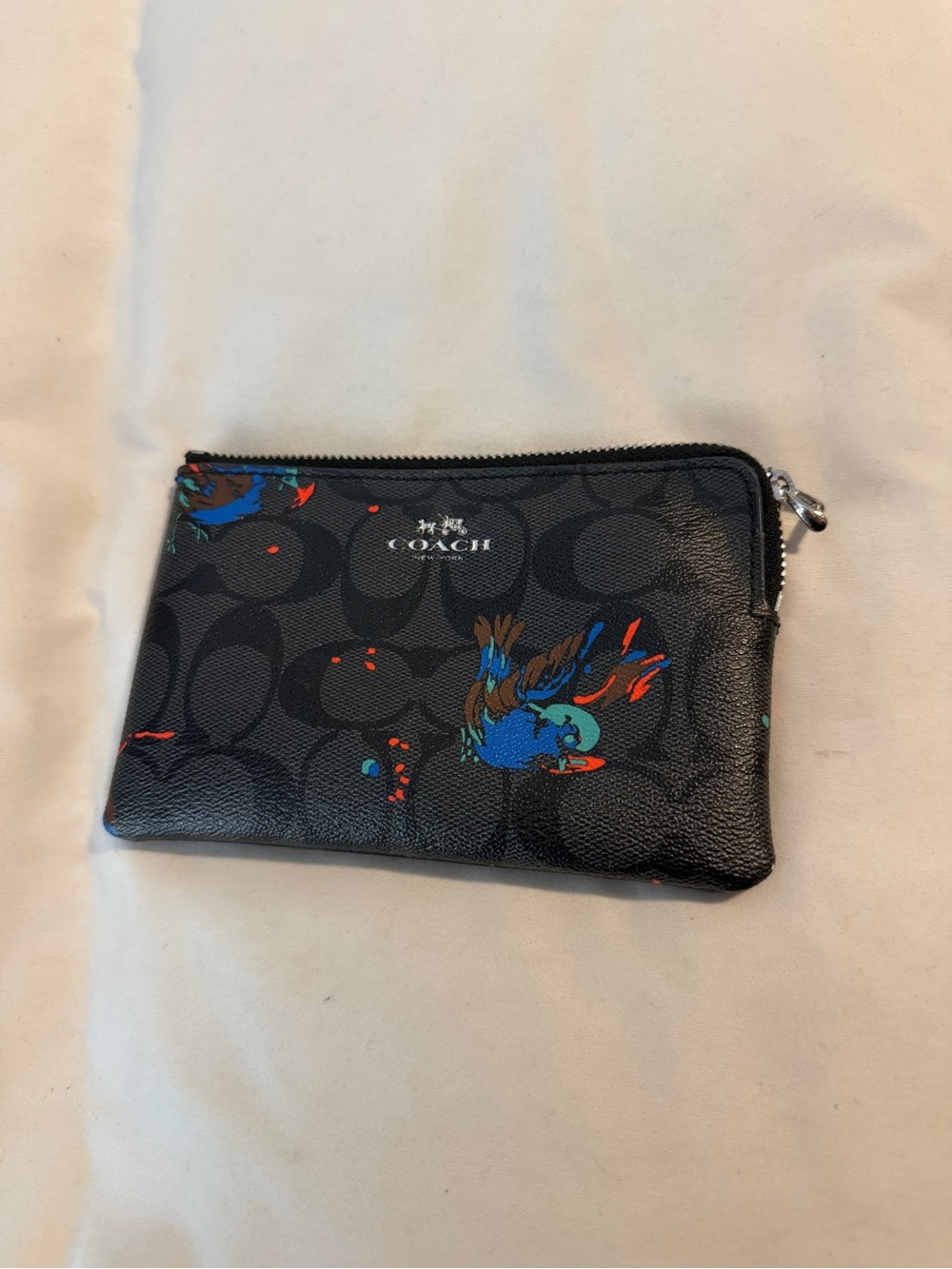 Coach Black Signature Zip Card Pouch with Blue & Teal Bird Accent